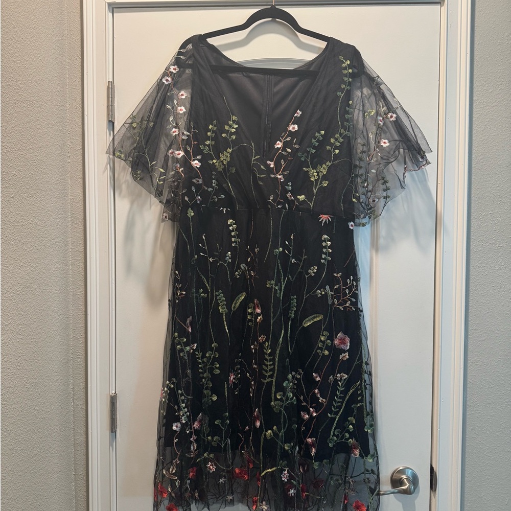 Embroidered Black Floral Mesh Dress
